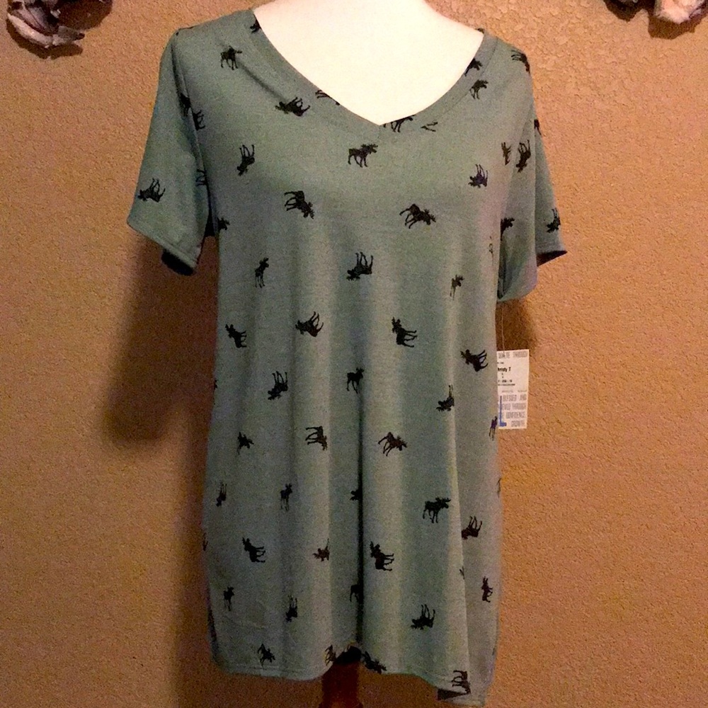 LuLaRoe Sage Green Short Sleeve V-Neck Tee with Black Moose Print